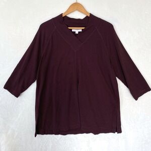 Pure Jill Affinity French‎ Terry V Neck 3/4 Sleeve Top Petite L Burgundy